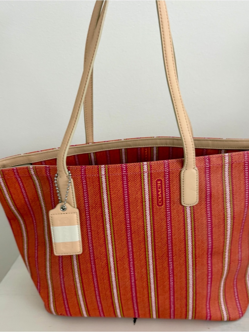 Coach Striped Pink and Orange Canvas Tote with Leather Handles